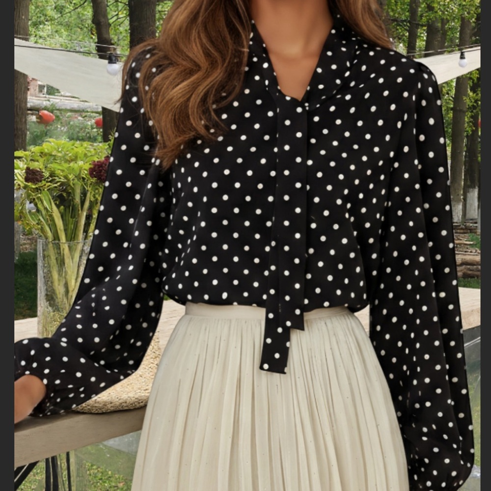 lord & taylor black white polka dot blouse with tie neck tunic top size M